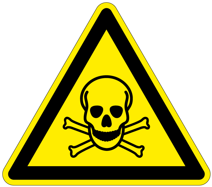 pictogram giftig, geel zwart, driehoek, iso 7010, w016, doodshoofd